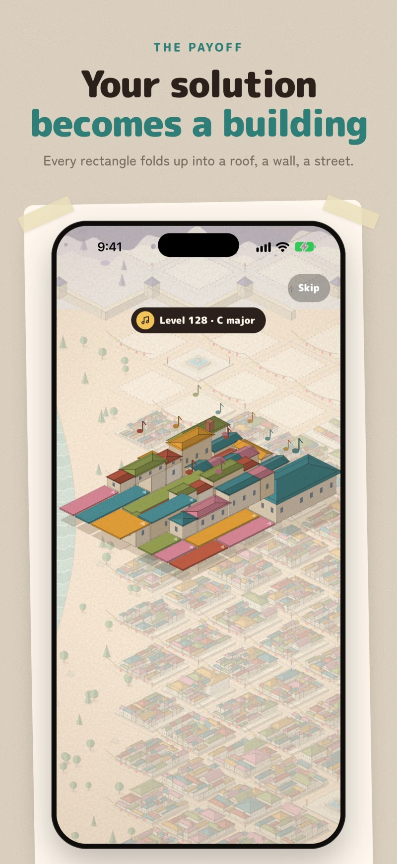 A solved board folding into paper buildings
