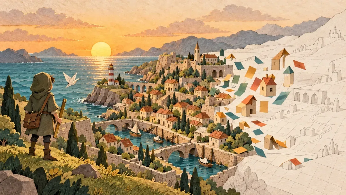 Paper-craft art: the apprentice Wren and Kite the paper crane look over a coastal kingdom being folded into place